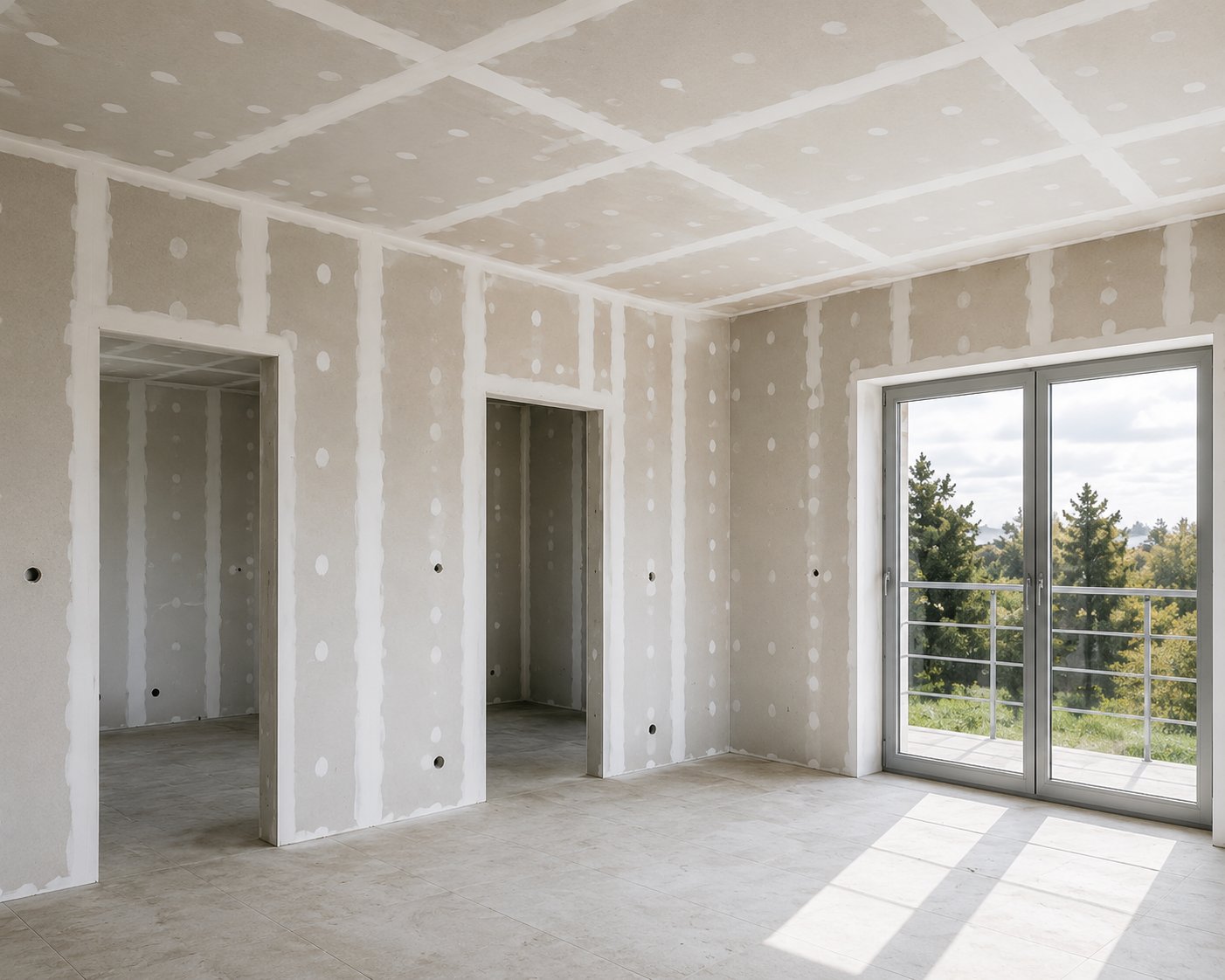 Pose de plaques de plâtre dans une pièce neuve