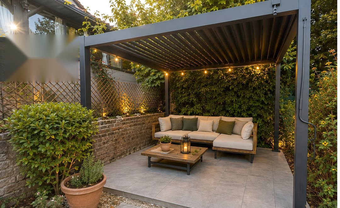 Terrasse avec pergola bioclimatique, salon de jardin et éclairage intégré
