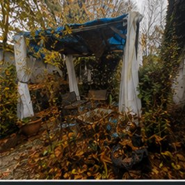 Sol en terre et gravier sous l'ancienne tonnelle, jonché de feuilles mortes en automne — avant les travaux