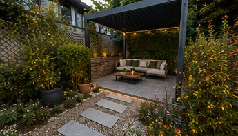 Vue d'ensemble de la terrasse aménagée avec la pergola bioclimatique et le sol carrelé — projection d'aménagement