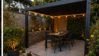 La terrasse sous la pergola bioclimatique à la tombée de la nuit, éclairage intégré allumé