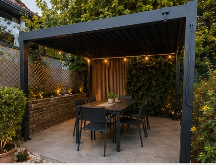 Coin repas extérieur sous la pergola bioclimatique — projection d'aménagement avec mobilier mis en scène