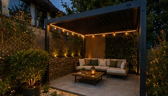 Salon de jardin sous la pergola le soir, éclairage intégré allumé — projection d'aménagement